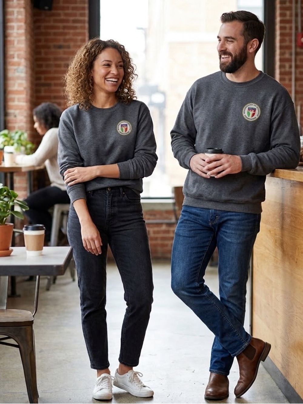Port and Company Charcoal Crewneck Sweatshirt with Embroidered Patch, Size Large
